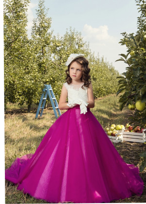 Ivory Lace Fuchsia Tulle Corset Back Flower Girl Dress